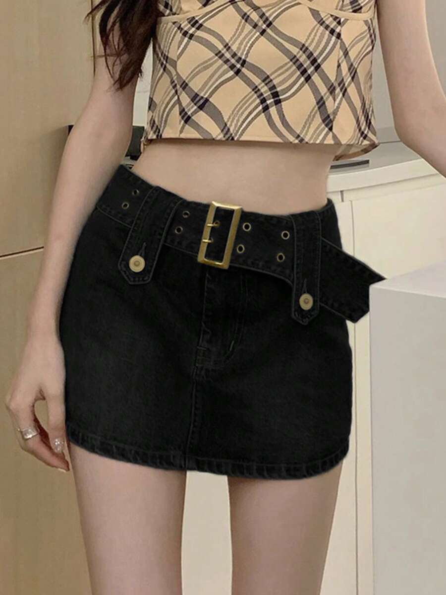 垃圾摇滚弧形下摆牛仔裙（配可拆卸腰带）（夏季） - 黑色 - 查看 1