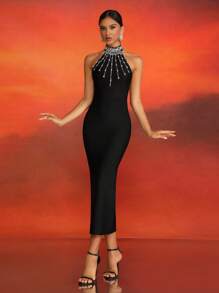 Luxury Handmade Rhinestone Embellished Sleeveless Black Bandage Slit Evening Dress For Women, Elegant Formal Prom Dress, For Wedding Guest, Graduation, Dinner