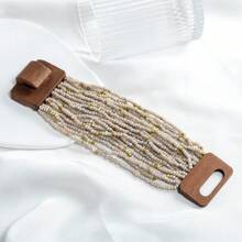 1pc New Geometric Wooden Block Clasp Elastic Multilayer Faux Pearl Beads Bracelet, Bohemian Women Jewelry
