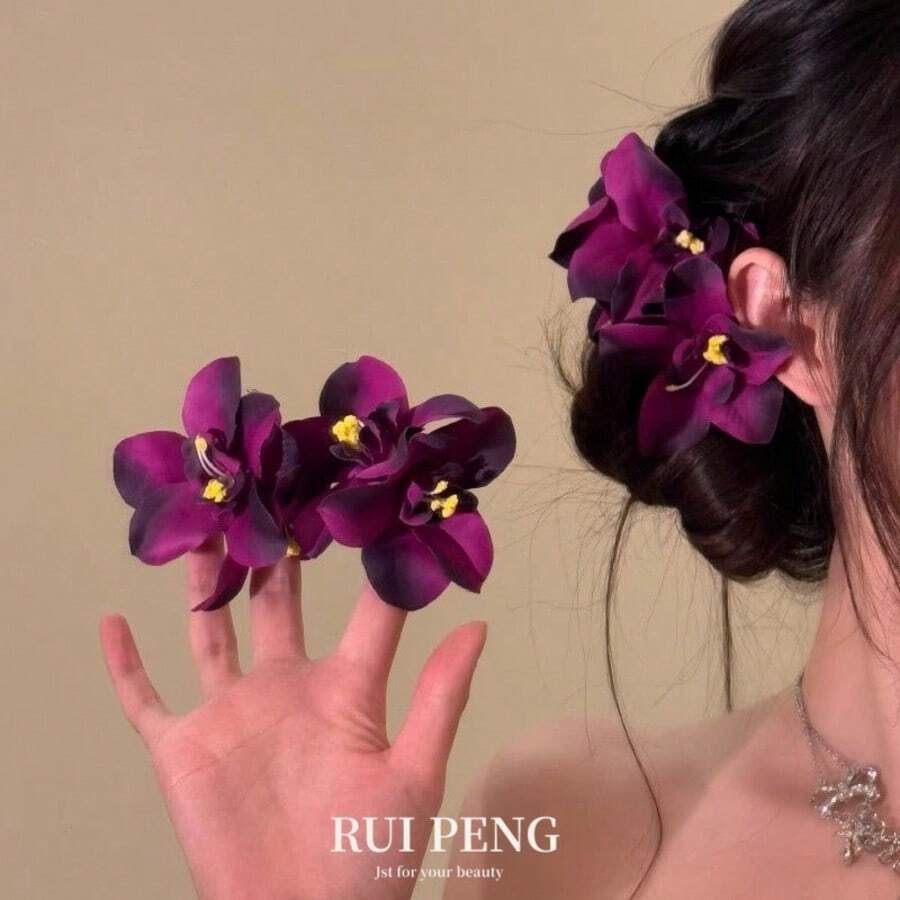 2个装人造花装饰发夹，女士女孩礼物，爪夹，发卡，发饰，发夹，学习用品，头部饰品，发卡 - RoseRed&Pink - 查看 1