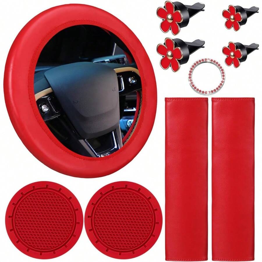 Local Delivery-10 Pcs Leather Steering Wheel Cover Set For Women 14.5-15 Inch Car Accessories With Seat Belt Shoulder Pad Seatbelt Cover Cup Holder Start Button Ring Sticker Air Vent Clip,Steering Wheel Cover - Đỏ - Xem 1