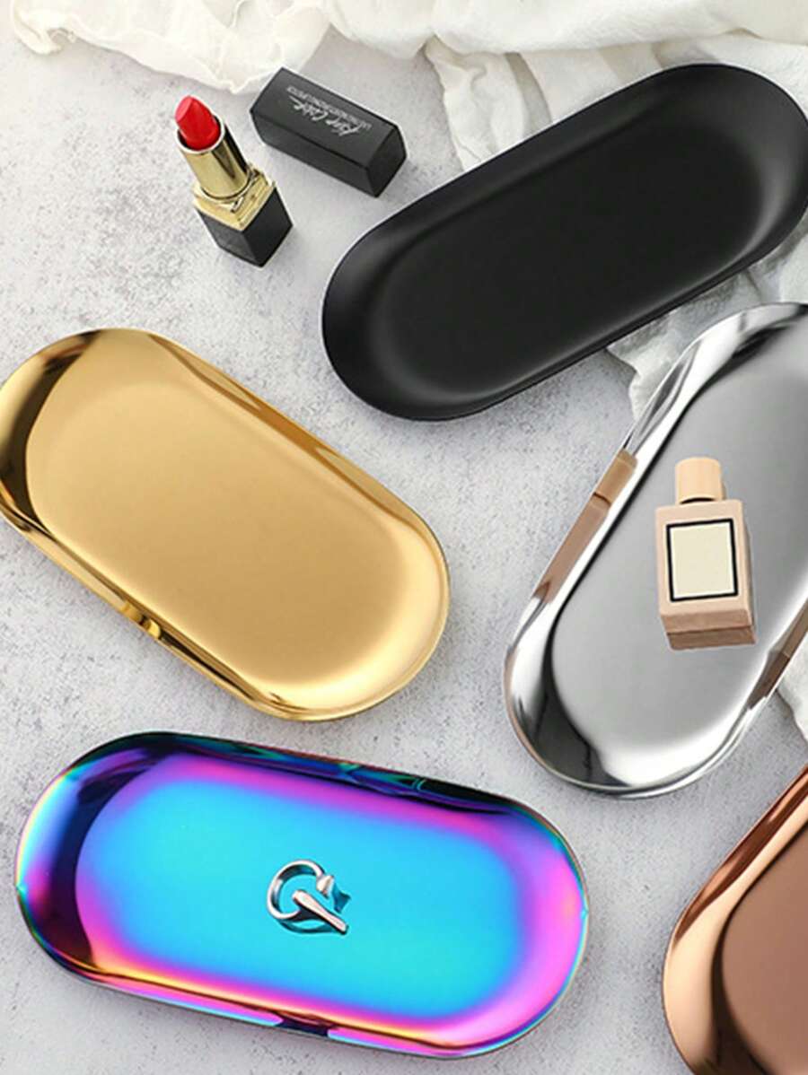 1pc High Aesthetic Stainless Steel Jewelry Plate, Cosmetic Metal Plate, Oval Tray. He Immediately Places A Storage Tray To Bring A High-Quality Experience To Your Life. Storage And Organization. Convenient And Practical. Jewelry Storage.