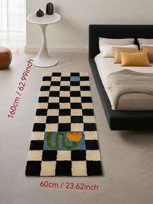 Tapete Estilo Xadrez Preto e Branco Semelhante à Lã, Carpete Estilo Francês Quadriculado para Quarto, Sala de Estar, Sofá, Mesa de Centro, Entrada, Antiderrapante, Lavável na Máquina, Capacho de Poliéster para Uso Interno/Externo, Retângulo