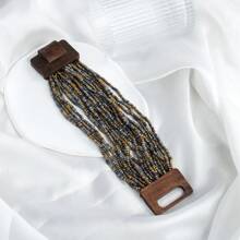 1pc New Geometric Wooden Block Clasp Elastic Multilayer Faux Pearl Beads Bracelet, Bohemian Women Jewelry