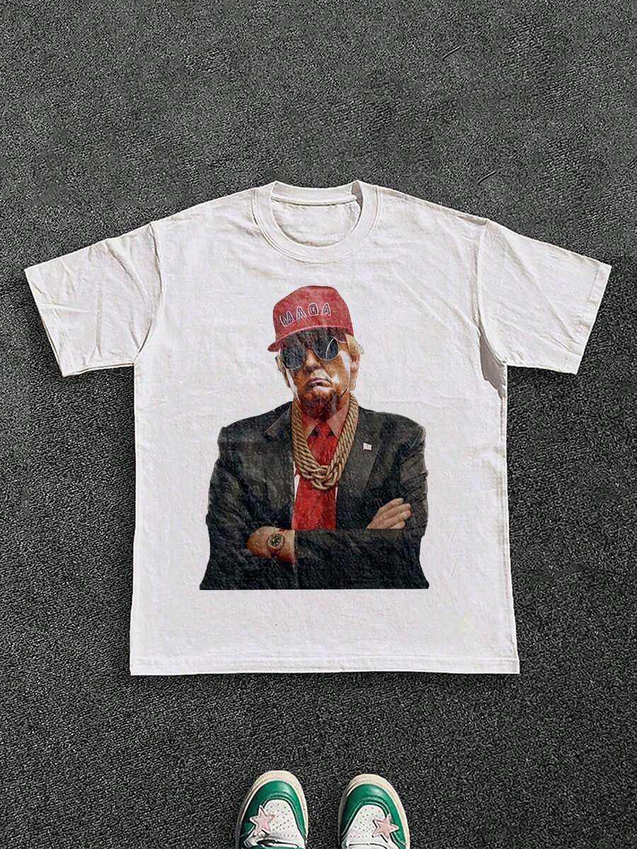 Stylish Heavy Cotton Men's TShirt, 220gsm Pure Cotton, Unique Donald Trump Rapper Design, Perfect For Casual Wear, Ideal For Men Who Appreciate Bold Fashion Statements, A Great Gift Choice. - 白色 - 查看 1