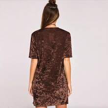 Women's Summer Short Sleeve Crushed Velvet Short Dresses - Brown - View 5