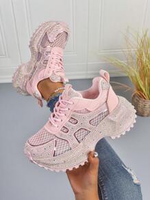 Women's Casual Sneakers With Colorblock, Breathable, Anti-Slip Sole, Rhinestone Decor, Chunky Platform, Unique Design, Versatile, Comfortable, Suitable For All Seasons, Retro College Style