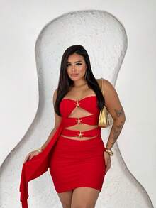 Vestido Estrela Tubinho Curto Colado Festa Balada Elegante - Vermelho - Visão 3