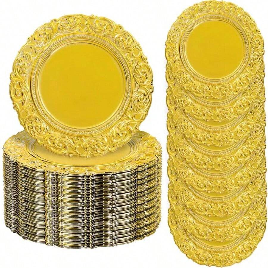 20Pcs 13-Inch Golden Charger Plates - Reusable Plastic Embossed Floral Dinner Plate Chargers For Wedding, Engagement, New Year, Valentine'S Day, All-Season Decorative Tableware - Durable & Sturdy For Christmas, Thanksgiving, Universal Holidays - Gold - View 1
