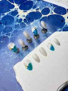 10 Unhas Curtas em Formato de Amêndoa, Design Romântico de Oceano, Estrela-do-mar 3D, Ondas de Oceano Simuladas, Unhas Clássicas Feitas por Mulheres e Meninas, com 1 Gel e 1 Lixa