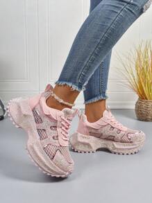 Women's Casual Sneakers With Colorblock, Breathable, Anti-Slip Sole, Rhinestone Decor, Chunky Platform, Unique Design, Versatile, Comfortable, Suitable For All Seasons, Retro College Style