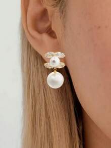 金色 C 形锆石和珍珠耳环，优雅可爱，适合日常佩戴和派对 - 金色 - 查看 3
