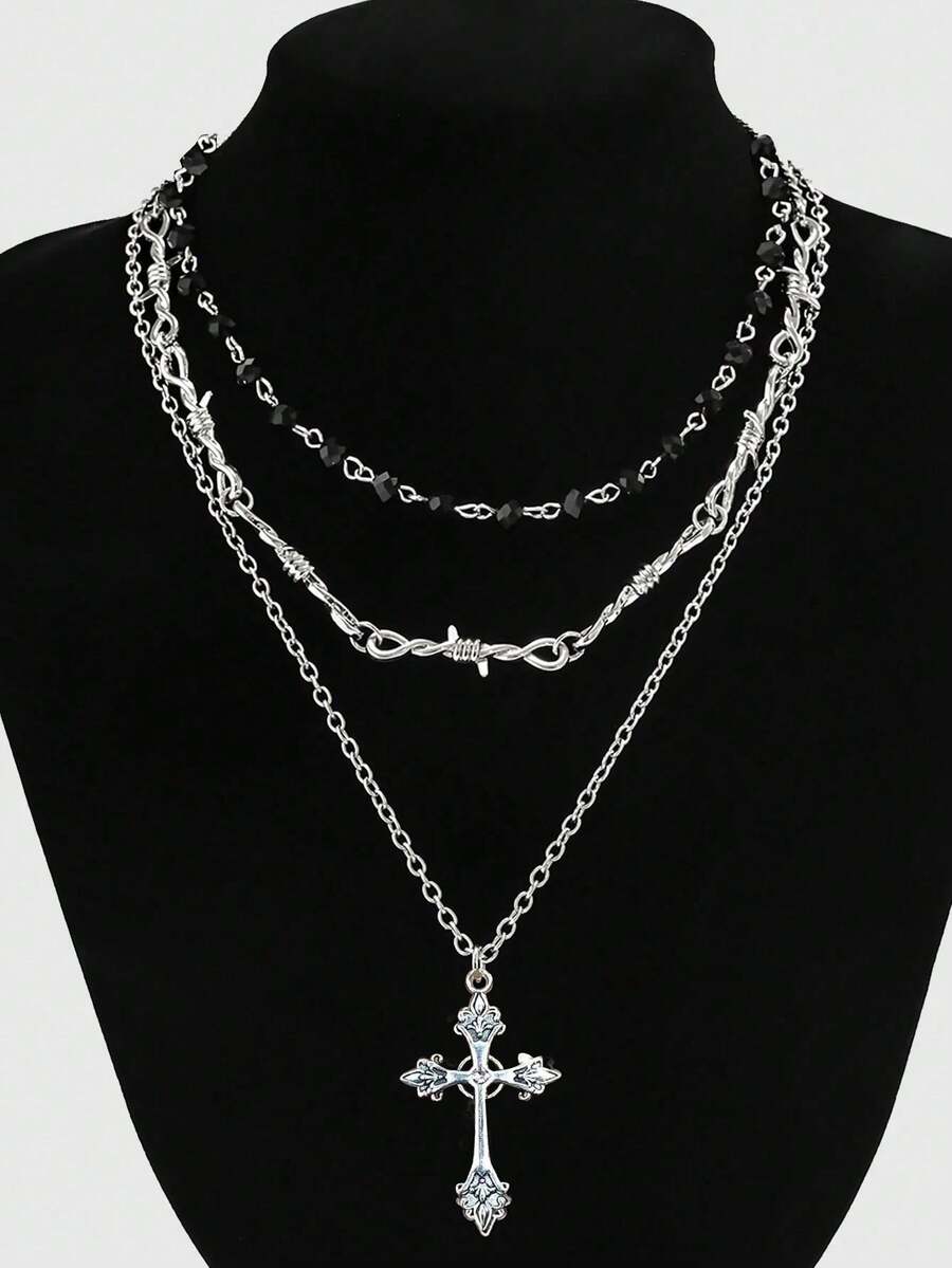 3pcs Y2K Gothic Retro Style Choker Necklaces, Goth Cross Pendant, Beaded Necklace Sets, Stylish Bohemian Star Pendant Necklaces, Hiphop Fashion Jewelry Set - Silver - View 1