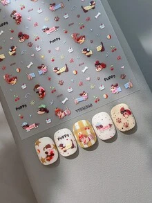 1 件可爱腊肠犬和樱桃心指甲贴纸 - 彩色 - 查看 3