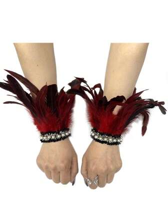 1 Pair Feather & Pearl Cuff Fingerless Gloves, European Style Bracelet Sleeves Costume Accessories Suitable For Halloween, Carnival Events