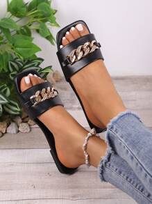 Women's Casual Square Toe Chain Buckle Slippers, Casual Shiny Lightweight Women Flat Sandals