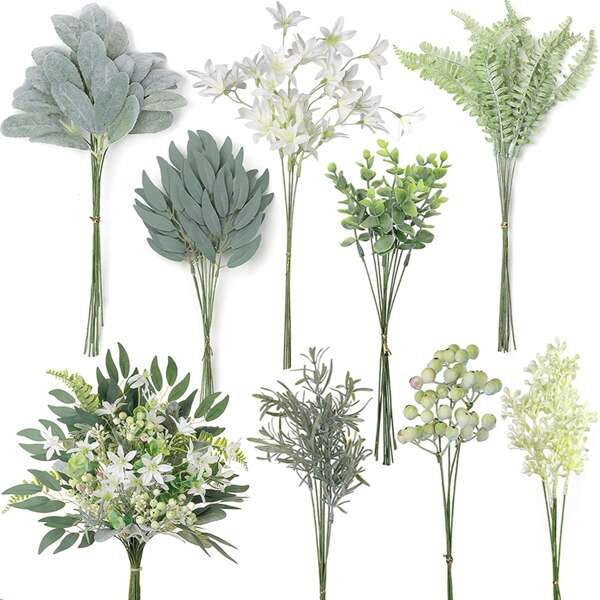65/75 piezas de hojas y tallos de eucalipto artificiales mezclados, hojas de eucalipto verde artificiales, plantas falsas para ramos de boda, centros de mesa, decoración floral
