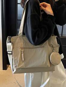 Large Capacity Unisex Tote Bag With Coin Purse 1pc New Korean Style College Style Middle School Student Schoolbag Casual Bag Crossbody Shoulder Bag Canvas Bag Slant Cross Bag, Women Bag With Dime Bag, School Bag For Shopping, Holiday, Fashionable Tote Bag With Zipper, Large School Tote Bag, Multiple Compartments, Perfect For Beach, School, Work & Daily Use - Light Khaki - View 6