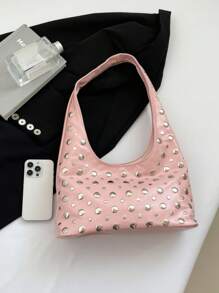 Borsa grande da donna per la primavera/estate, borsa per mamme, colore unito, decorata con borchie in stile motociclistico in PU, a forma di mezza luna, adatta per l'ufficio e lo stile casual, di stile coreano, regalo per la Festa della Mamma, borsa a tracolla, estiva, durevole, multifunzionale, con cerniera, adatta per viaggi di lavoro, grande capacità
