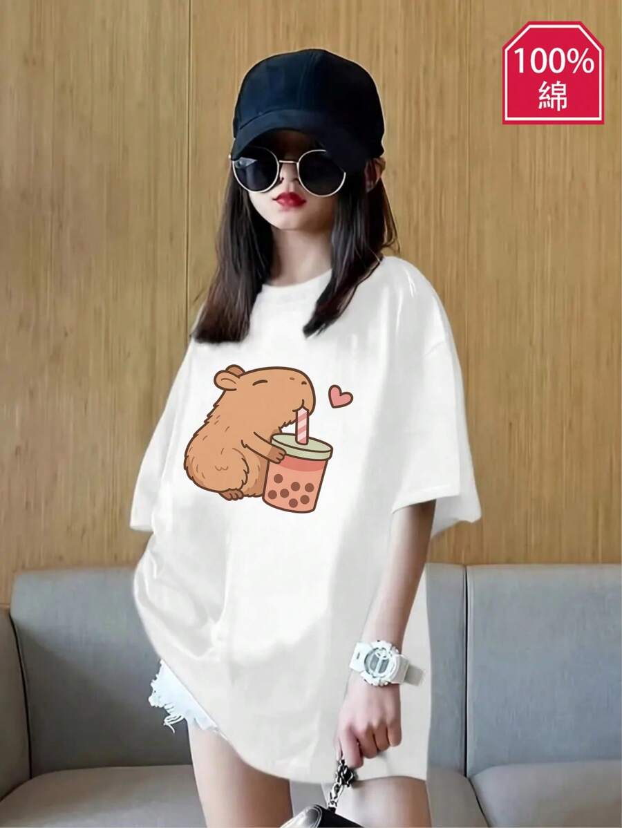 Casual Printed Round Neck Short Sleeve T-Shirt For Female College Students, Summer Student Youth Clothing - Artistic T-Shirts Stimulate Imagination And Self-Expression - 白色 - 查看 1