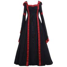 European And American Popular Women's Medieval Retro Court Style Hooded Dress With Square Collar And Flared Sleeves, Large Swing Skirt