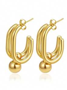 1 对女士 18K 镀金不锈钢时尚日常耳环 - 金色 - 查看 1