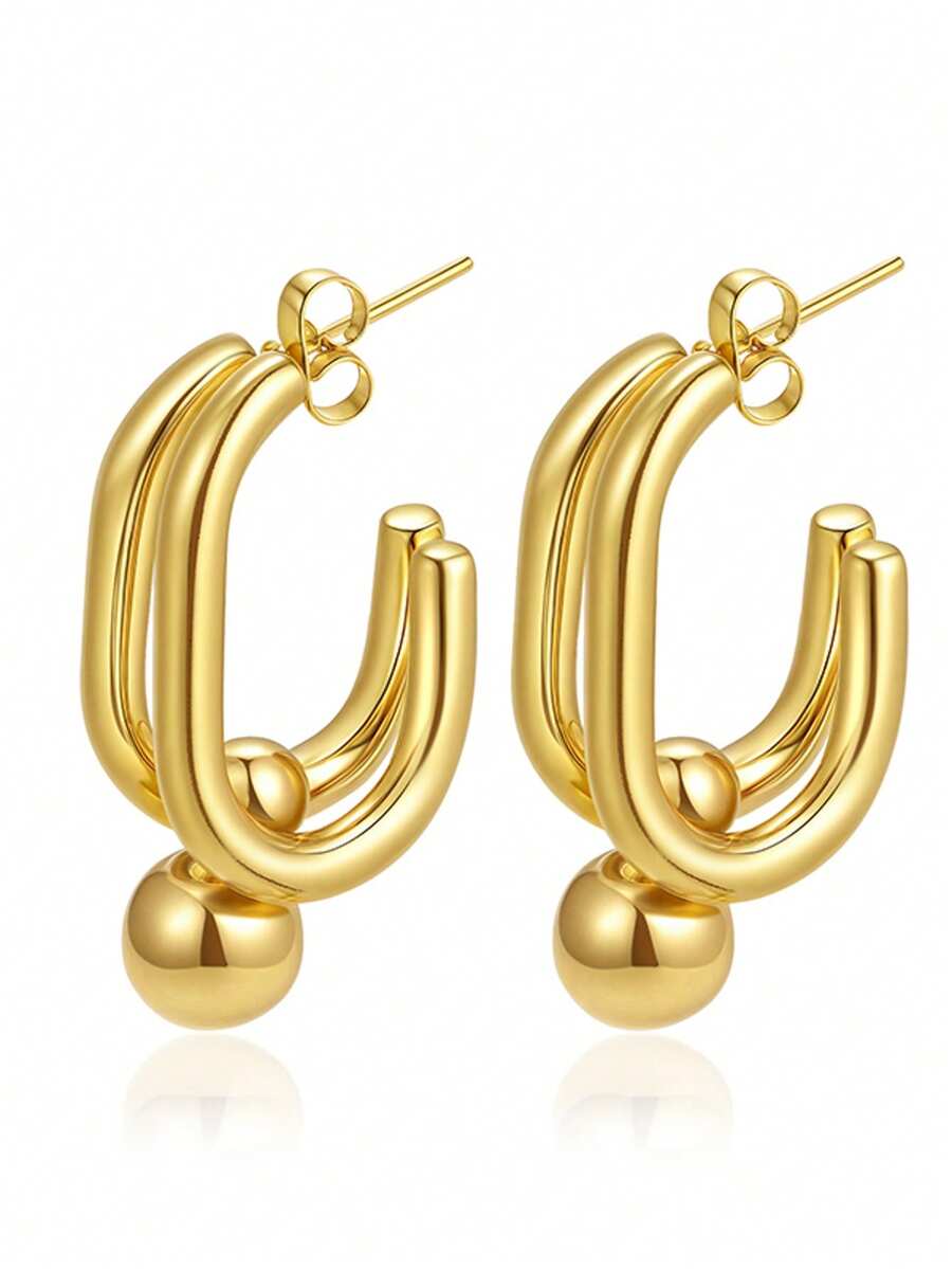 1 对女士 18K 镀金不锈钢时尚日常耳环 - 金色 - 查看 1