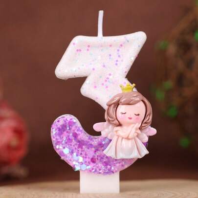 手工制作的 0-9 数字字母生日蜡烛，DIY 生日蛋糕节日主题派对装饰，渐变粉紫色天使女孩精美闪光彩绘数字蜡烛，适用于生日庆祝、婚礼、派对、女性版
