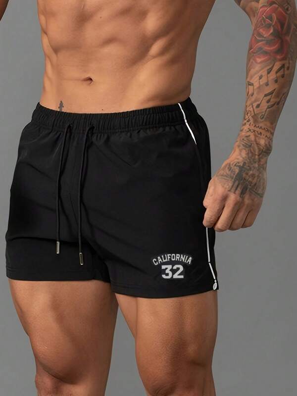 1pc Men's Sports Shorts, Summer Reflective Print Knee-Length Shorts, Elastic Striped Pants With Drawstring & Pockets, For Running, Workout, Gym