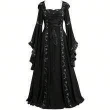 European And American Popular Women's Medieval Retro Court Style Hooded Dress With Square Collar And Flared Sleeves, Large Swing Skirt