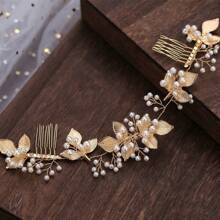 1 Stück Damen Haarschmuck aus Zinklegierung im koreanischen Stil, elegante handgefertigte Haarkamm mit weißer Perlen-Blätter-Optik