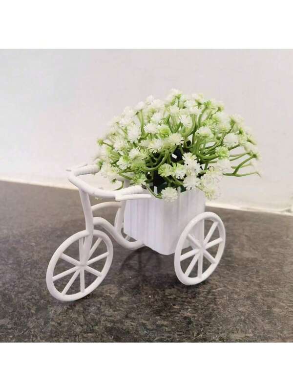 1pc Of Plastic Mini Bicycle Flower Basket Artificial Potted Plant Desktop Decoration Ornament Simulating Green Plants For Room Decor