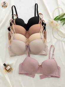 5Pcs French Striped Underwire Bra, Built-In Pads, Comfortable Lifting & Push-Up Design, Slightly Elastic. Size Up Recommended For Fuller Bust. - Multicolor - View 3