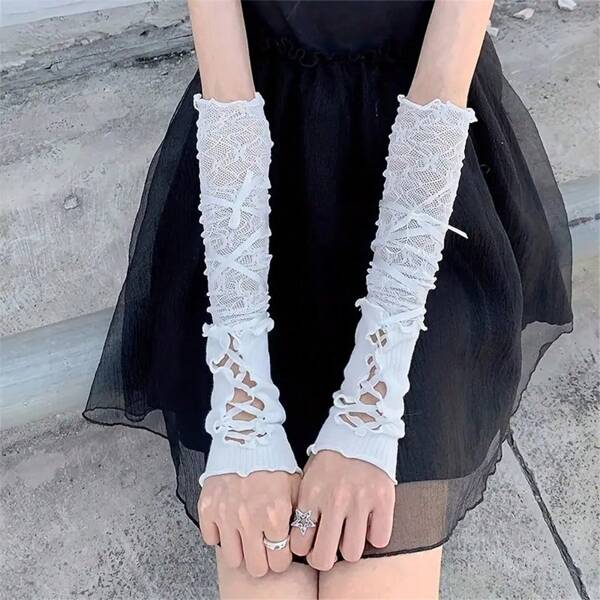 1 par de mangas estilo ballet, encaje Lolita, guantes sin dedos de mujer delgados para protección solar de verano