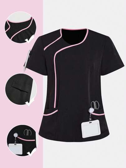 Blusa con cuello en V, manga corta, recortes de color contrastante y bolsillo, uniforme para salón, clínica o técnico de uñas