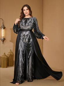 [Random Cut] Women Jumpsuits V-Neck Lantern Sleeve Shiny Sequins Elegant 2-Way Party Cocktail Flare Pants