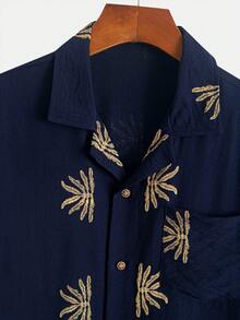 Summer Men's Printed Cuban Collar Short Sleeve Shirt, Vacation Style Revere Collar Button Casual Shirt Mature Printed Cuban Collar Short Sleeve Shirt, Minimalist Elegant Office Commute Shirt Summer Beach Casual Cuban Collar Short Sleeve Top - Blue - View 5
