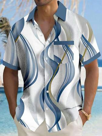 Camisa de manga corta abotonada para hombre con estampado 3D abstracto y degradado de estilo hawaiano