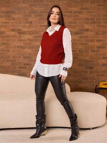 Fang Casual V-Neck Valentine's Day Knitted Sweater Vest - 紅色 - 查看 1