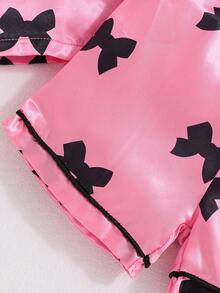 Conjunto de 2 piezas para bebé niña con pantalón corto y blusa de manga corta con estampado de moño, para primavera/verano - Rosa Roja - Ver 7