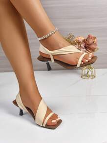 1 Pair Sexy, Fashionable, Versatile, New Style Strap High Heel Sandals In Beige, Black And Red With Invisible Bow Design