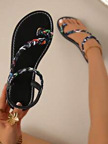 New Summer Women Sandals Beach Vacation Flip Flops Slip-On Square Toe Woven Fashion Casual Bohemian Woven Casual Sandals Beach Vacation Outdoor All Season - Black - View 15