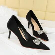 Zapatos de tacón alto de mujer con punta puntiaguda, lazo de mujer, abertura baja, zapatos sencillos, zapatos de mujer de satén