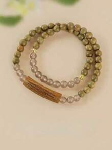 1pc Multi-Layer Wrapped Green Sandalwood, Gray Crystal Carved Text Beaded Bracelet For Women, Vintage Bohemian Elegant Fashion Accessory For Daily, Party, Vacation, Prayer, Meditation Wear