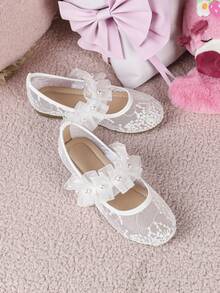 1 Pair Flower Decorated Princess Flat Canvas Shoes For Girls, Comfortable Student Outdoor/Dance Shoes, Lace White Wedding Shoes - White - View 4