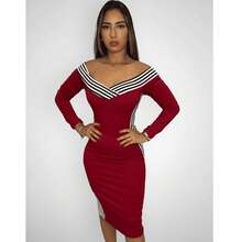 Off-The-Shoulder Long Sleeve Ribbed Midi Dress With Side Stripe - 紅色 - 查看 2
