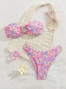 性感欧美图案印花比基尼，撞色条纹波西米亚结边 - 粉色 - 查看 1