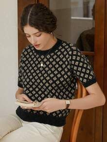 Knit Mix 優雅女款春夏時尚獨特日常居家休閒通勤針織圓領短袖時尚套頭T恤上衣 - 棕色 - 查看 9