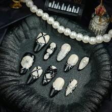 10pcs Hand-Pressed Fake Nails Black-And-White Artificial Nails, Temperament Armor With Bow, Fashion Almond-Shaped Artificial Nail Pieces, Exquisite Wearing Nail Paste Fake Nails, Suitable For Halloween And Other Parties.Nail Set,Press Ons Nail,Nails>Press On Nails,Uñas Postiza,Handmade Nails,Almond Nails,Fake Nail,Almond Nails,Press On Nails Almond - 黑與白 - 查看 6