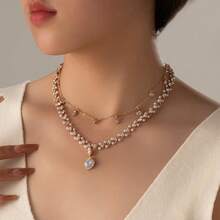 1pc Elegant Pearl Layered Heart Shaped Necklace, Delicate & Sexy, Princess Style